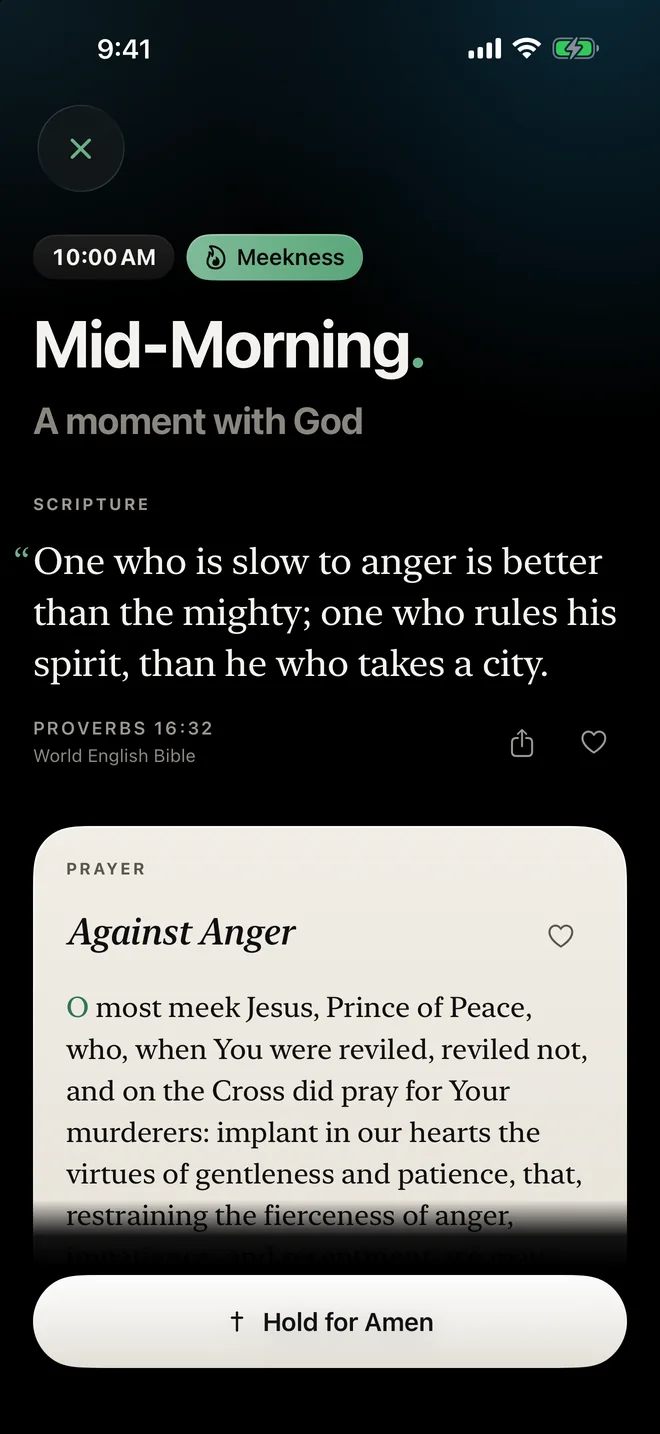 An hour of prayer: the Scripture passage, and the prayer Against Anger on a cream card, with Hold for Amen.