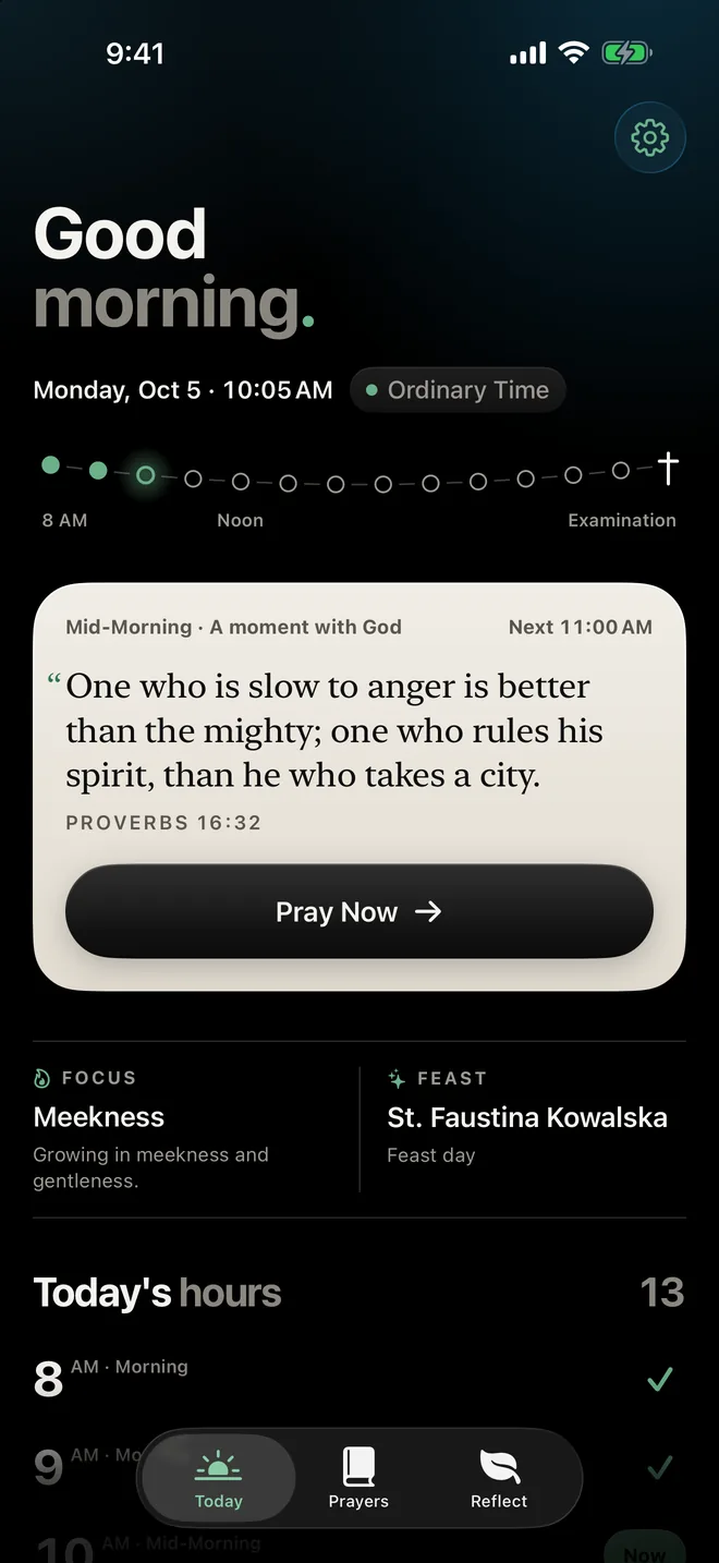 The Today screen: a greeting, the day's hour beads, the hour's verse from Proverbs, and the hours ahead.